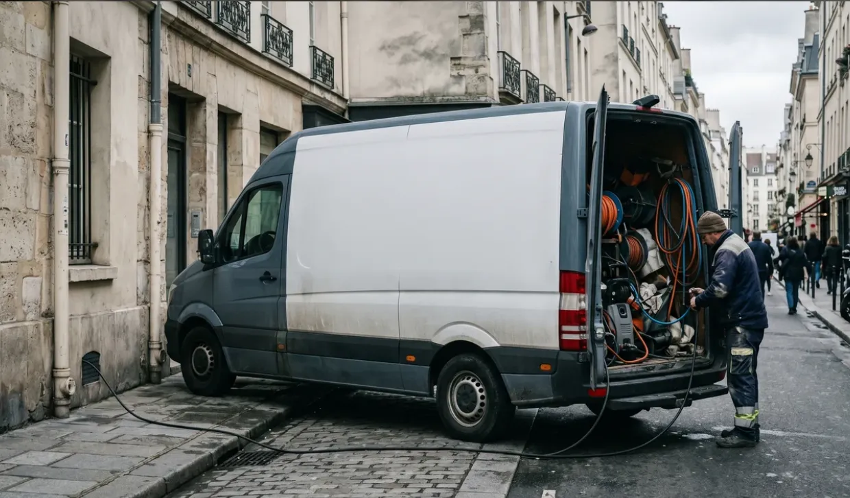 Plombier Canal Pro 92 débouchant une canalisation depuis son camion équipé dans une rue des Hauts-de-Seine