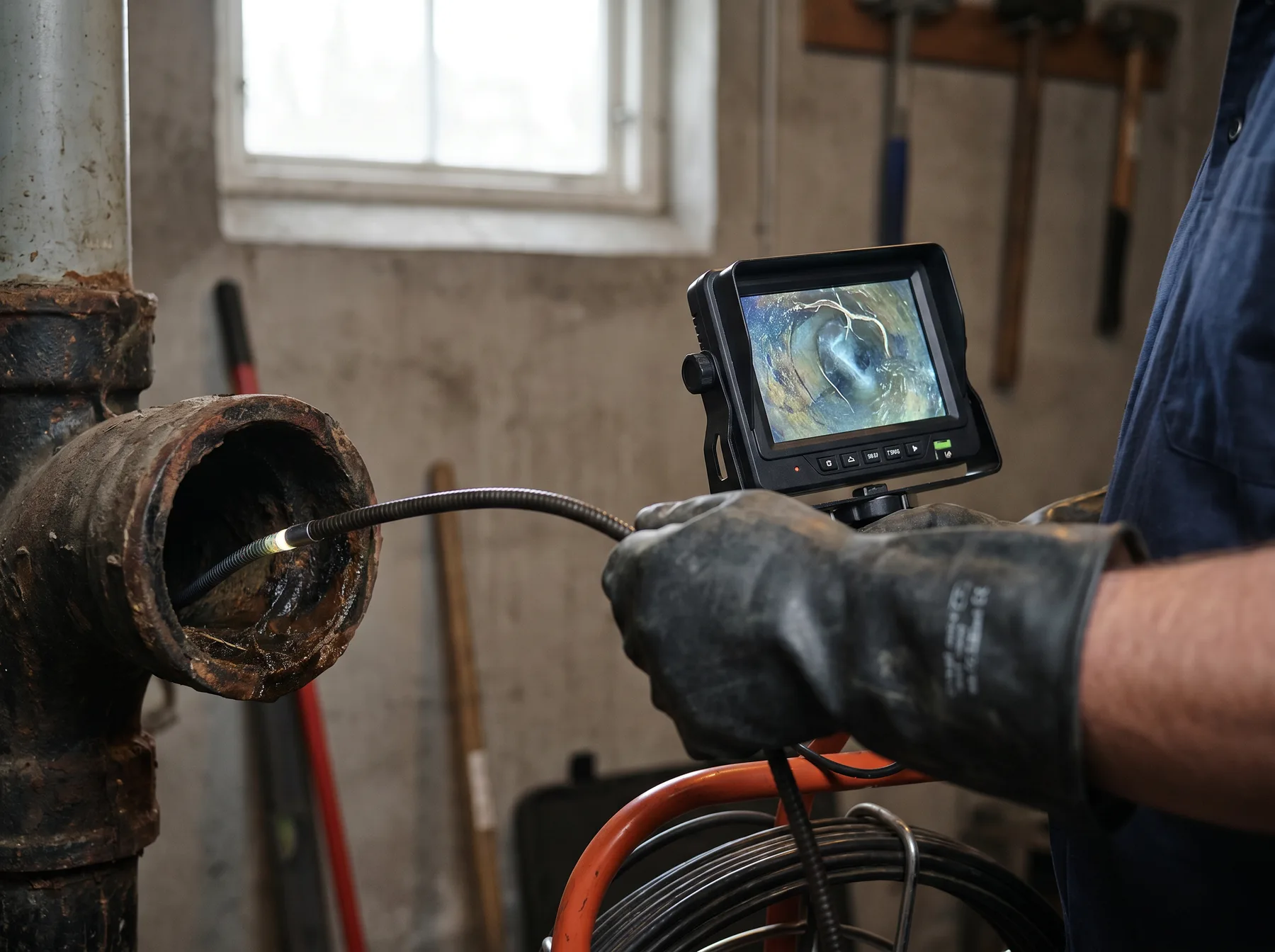Gros plan des mains gantées d'un plombier opérant une caméra d'inspection vidéo HD dans une canalisation, écran de contrôle visible